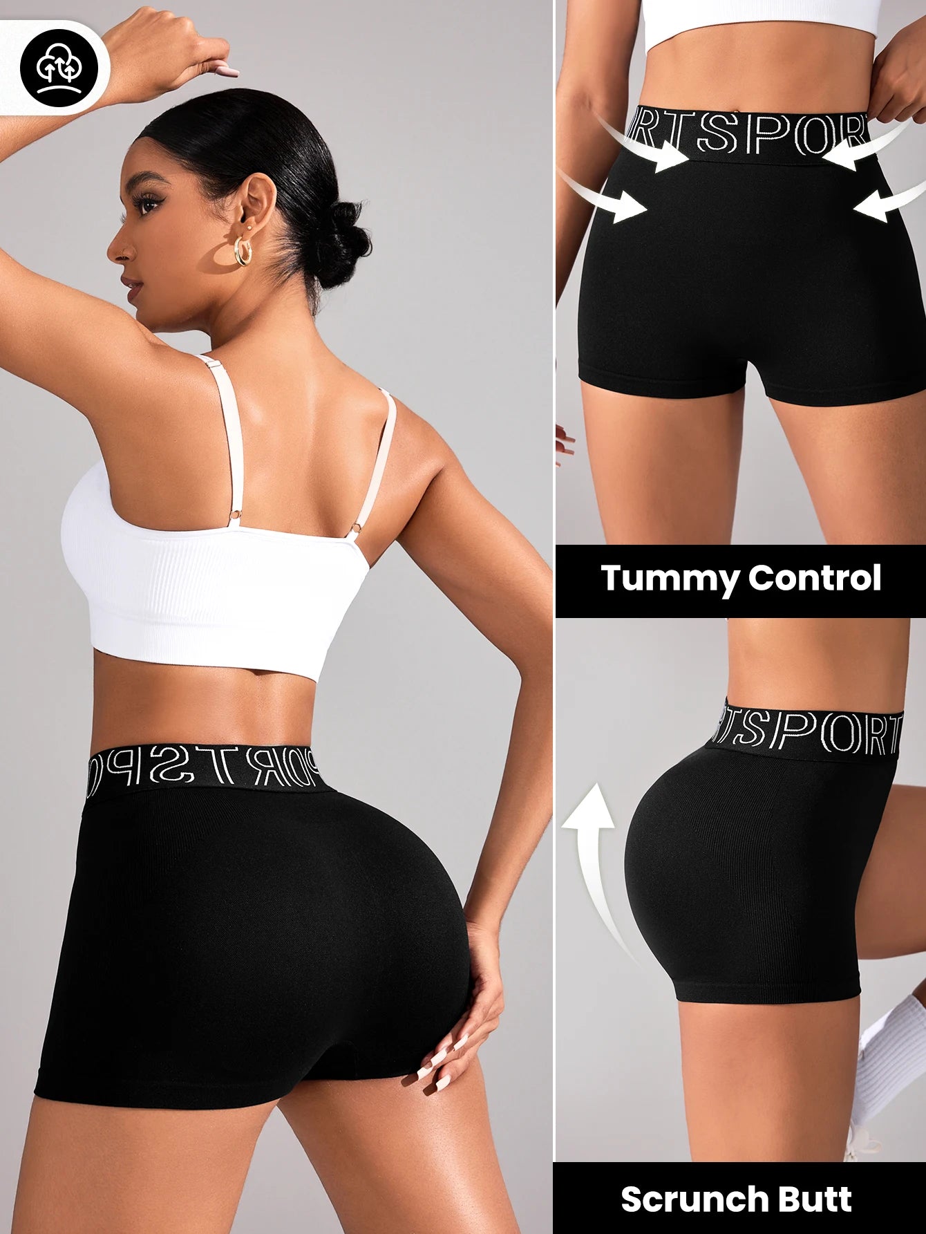 Women's High-Waist Gym Shorts | Seamless 'SPORTS' Lettered Waistband Fitness Shorts
