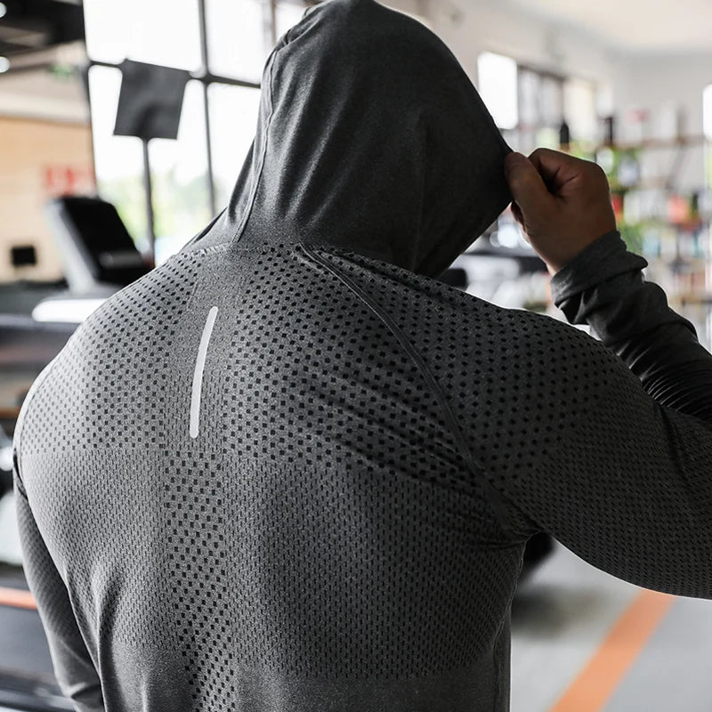 Men's Hooded Sport Fitness T-shirts Running Shirts Long Sleeve Sportwear