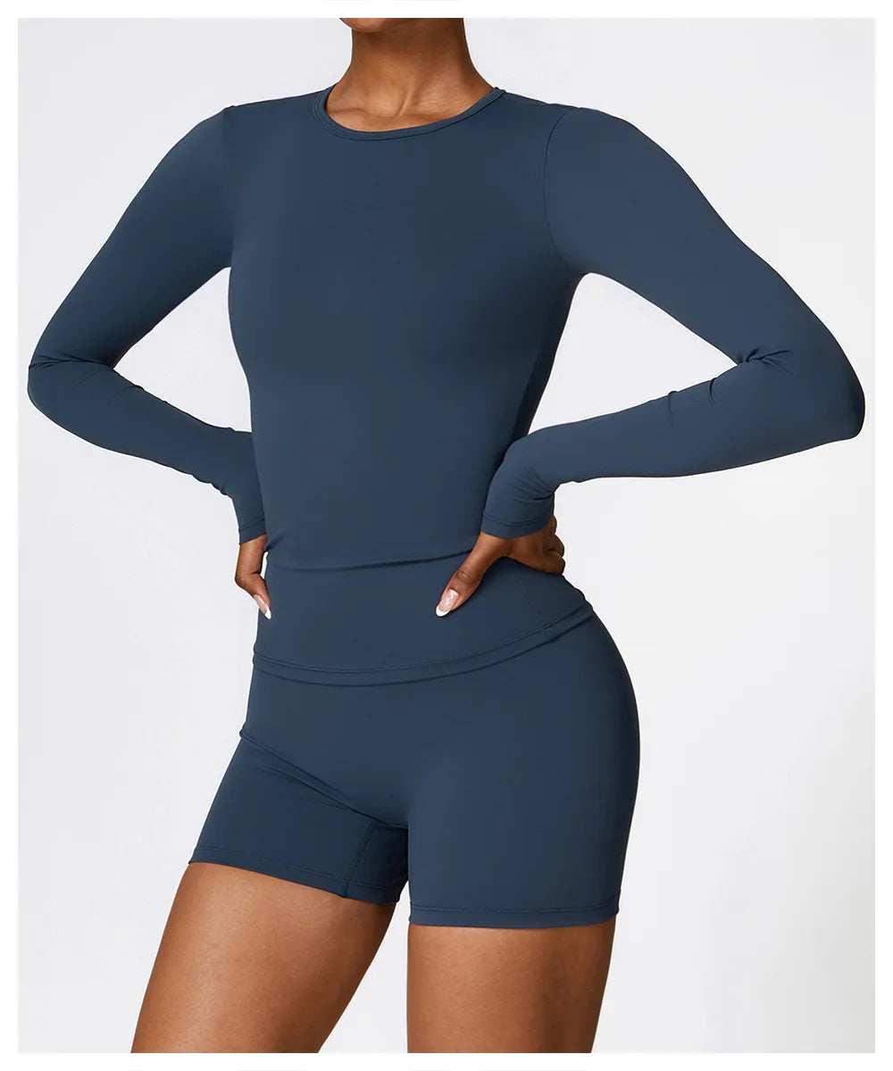 Women's Quick Dry Apparel: Breathable, Long Sleeved, Round Neck, Crop Top Workout Running, Hiking Set / Rungear