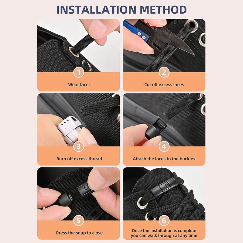 8mm Wide No-Tie Elastic Shoelaces with Press-Lock Buckle | Flat Laces for Sneakers