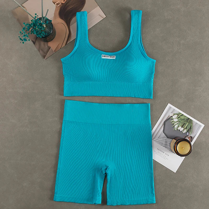 Women's Seamless Ribbed Sports Bra & Bike Shorts Set | Gym Yoga Activewear | RUNGEAR