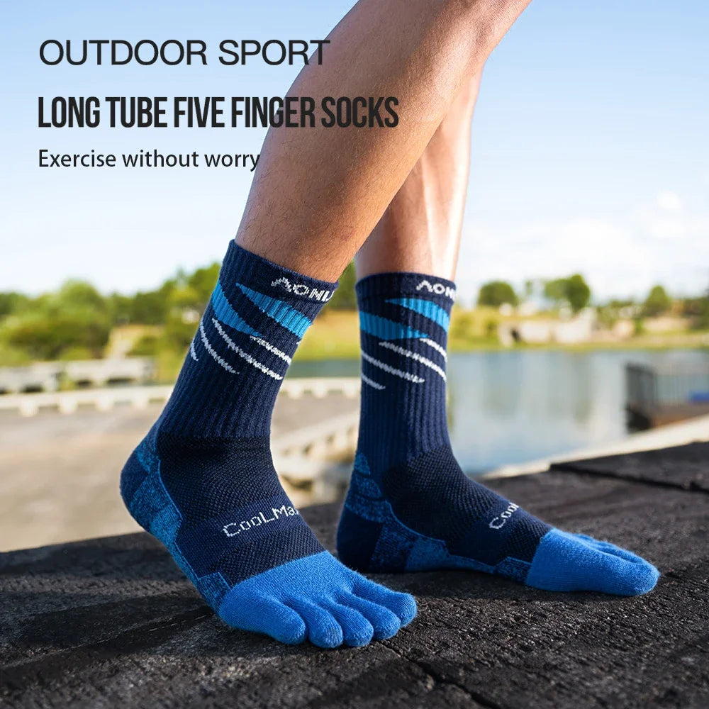 AONIJIE Long Tube Toe Socks – Warm, Breathable Five-Finger Running Socks for Hiking and Camping