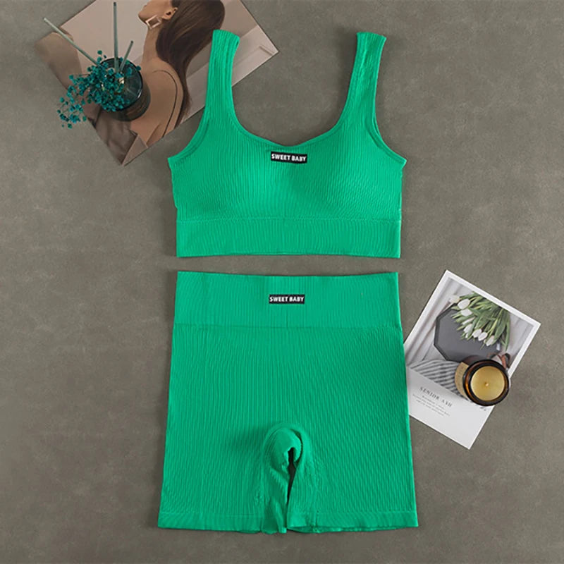Women's Seamless Ribbed Sports Bra & Bike Shorts Set | Gym Yoga Activewear | RUNGEAR