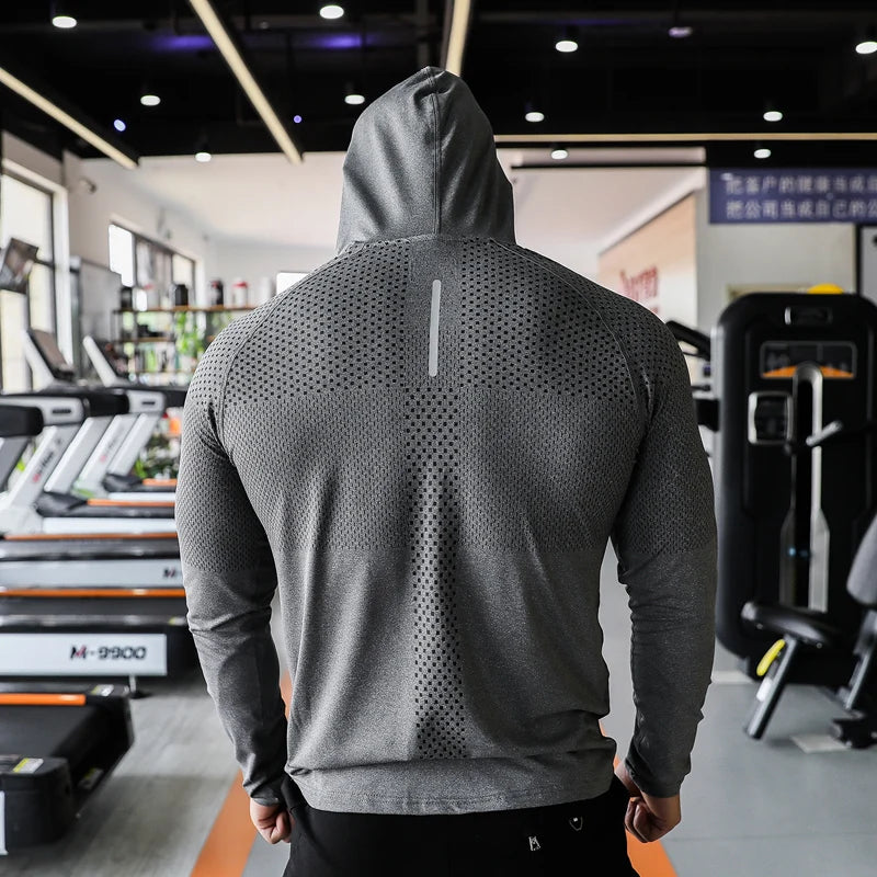 Men's Hooded Sport Fitness T-shirts Running Shirts Long Sleeve Sportwear