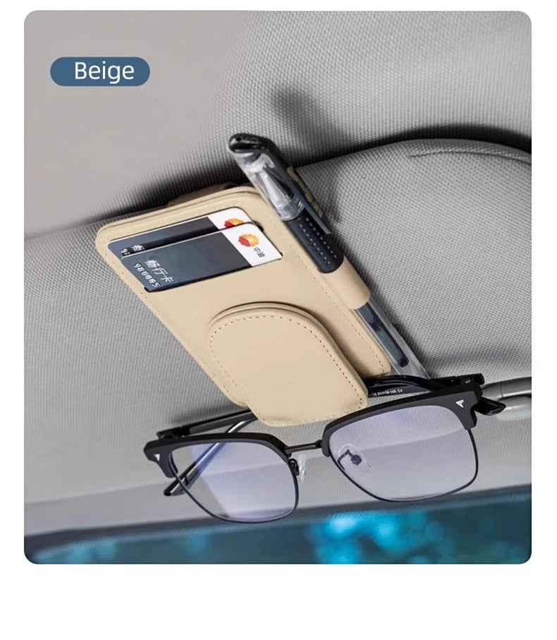 PU Leather Car Sun Visor Organiser – Sunglasses Holder, Card & Ticket Slots, Clip-On | Car Accessories | Beige, Red, Black & Brown