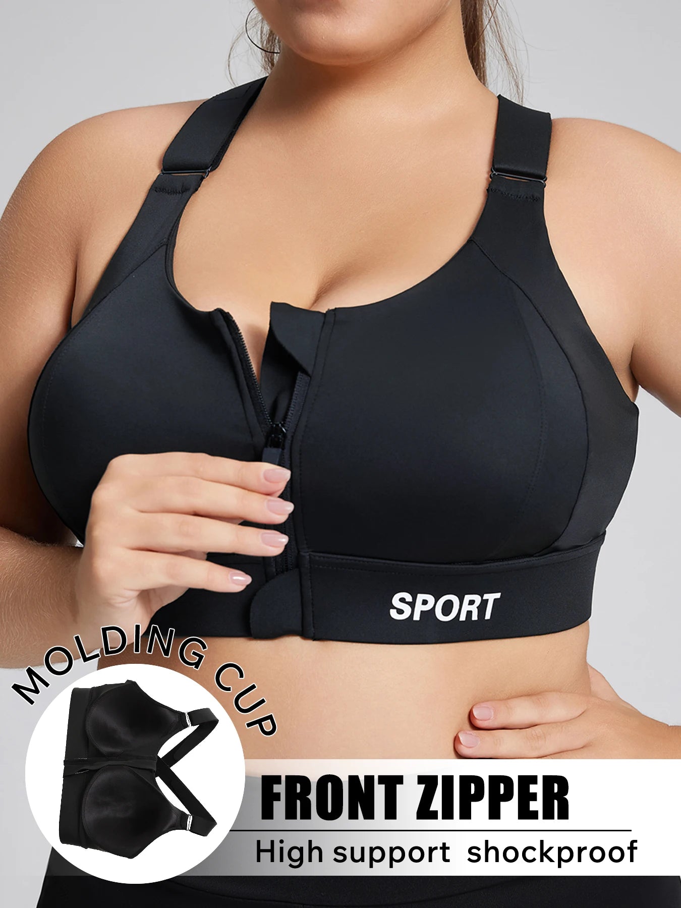 Plus-Size Women's High Support Shock Absorbing Sports Bra with Front Zipper, Adjustable Cross Straps And Built-In Anti-Burst Buckle