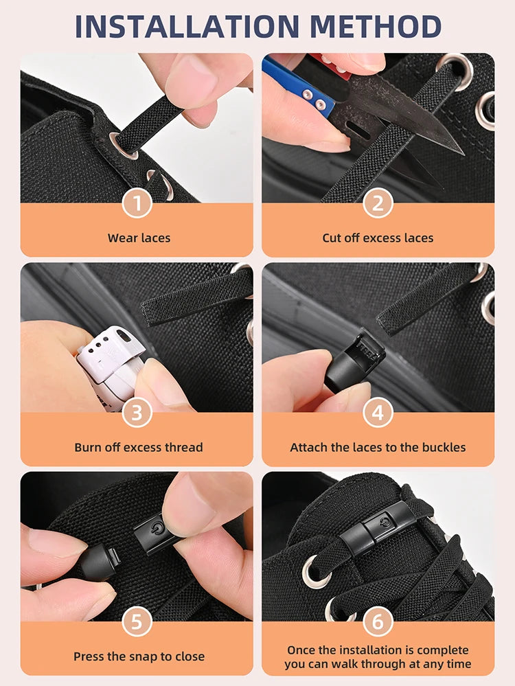 8mm Wide No-Tie Elastic Shoelaces with Press-Lock Buckle | Flat Laces for Sneakers