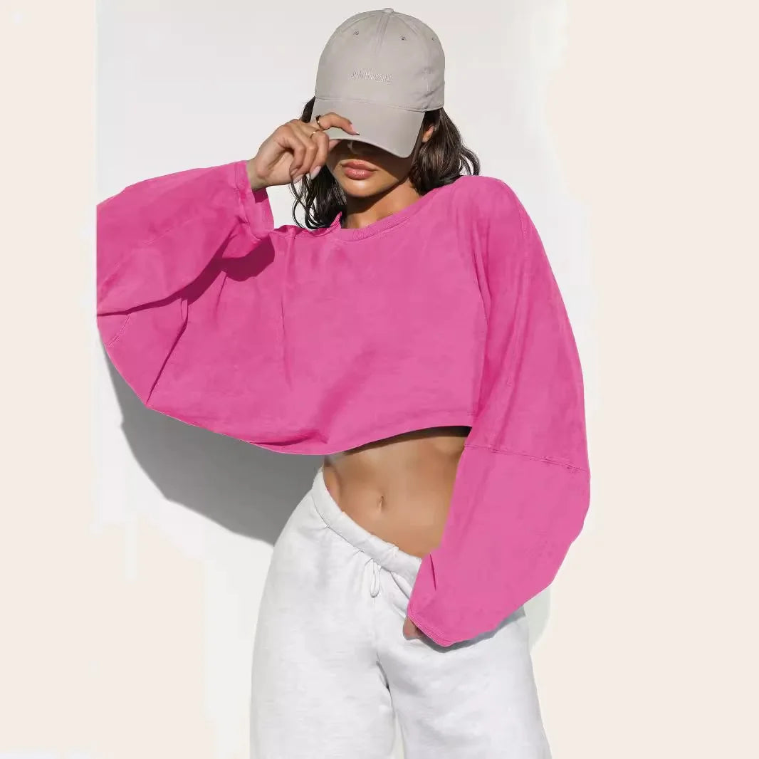 Sexy Cropped Hoodie T Shirt Long Sleeve Knit Top Women Spring Summer Casual Pullover Tee Blouse