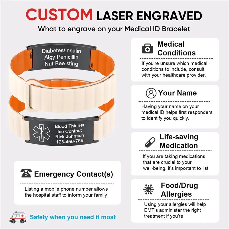 Unisex Custom Silicone Personalized Medical Emergency ID Bracelet