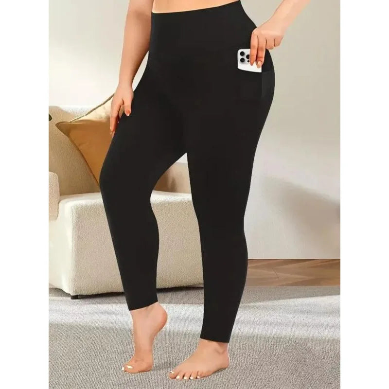 Plus Size Women's Solid Color High Waist Elastic Casual Workout Pants With Pockets