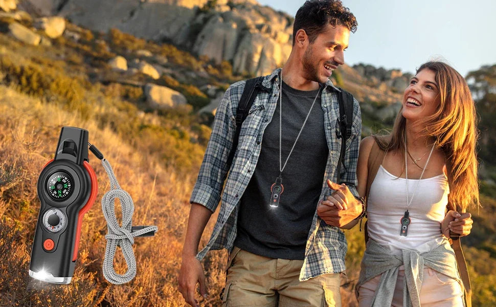 7-in-1 Emergency Survival Whistle – Compass, LED Flashlight, Thermometer & Signal Mirror | Hiking & Camping | Gray & Black