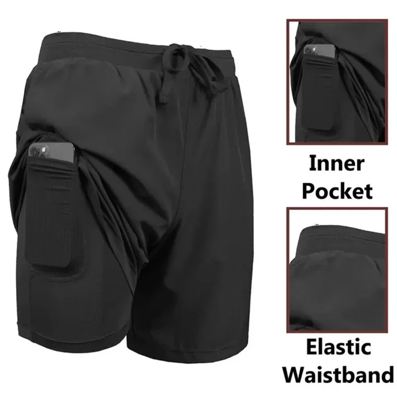 Men's Double-Layer Shorts: Quick Dry, Breathable, Fitness Sports Shorts with Built-In Pockets / Rungear