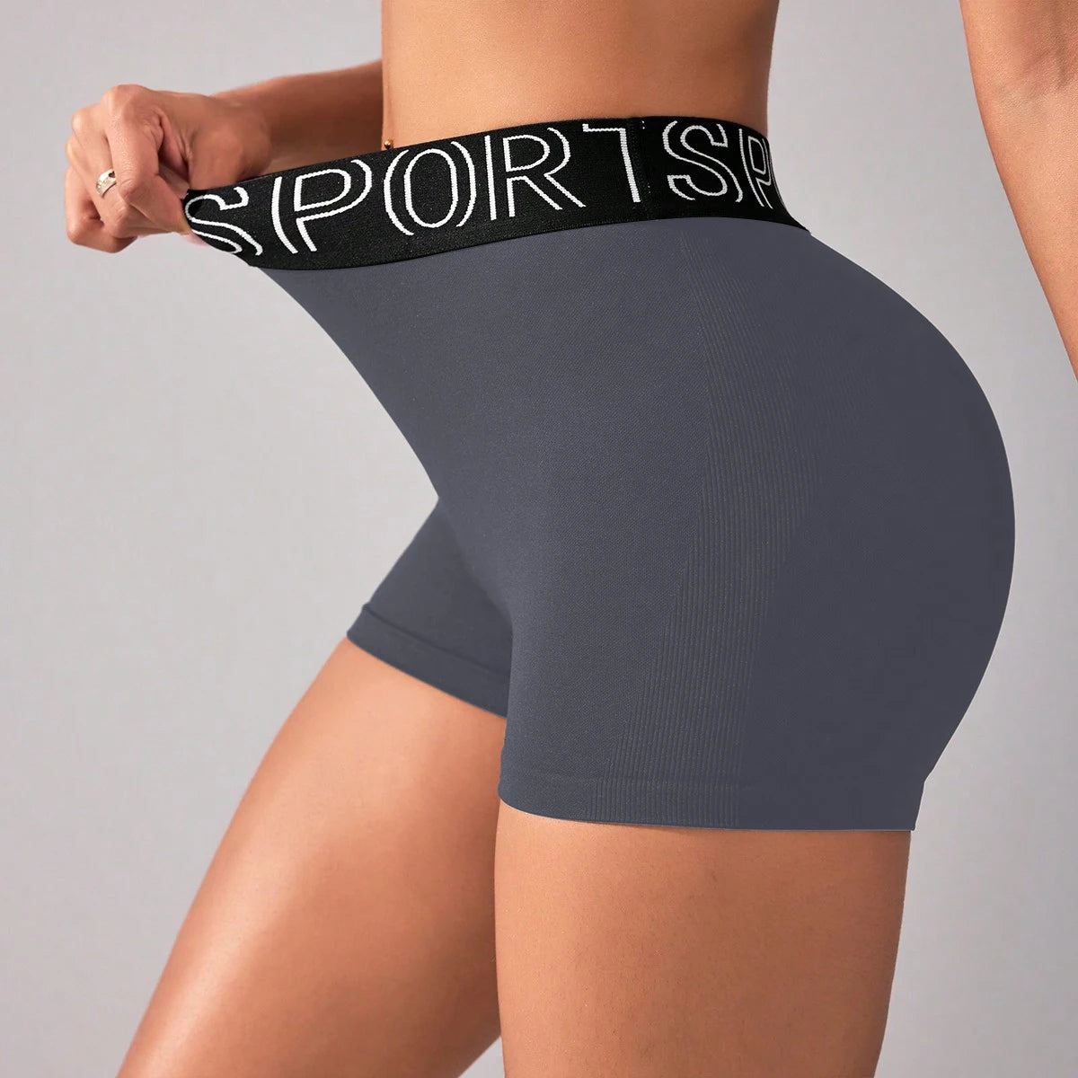 Women's High-Waist Gym Shorts | Seamless 'SPORTS' Lettered Waistband Fitness Shorts