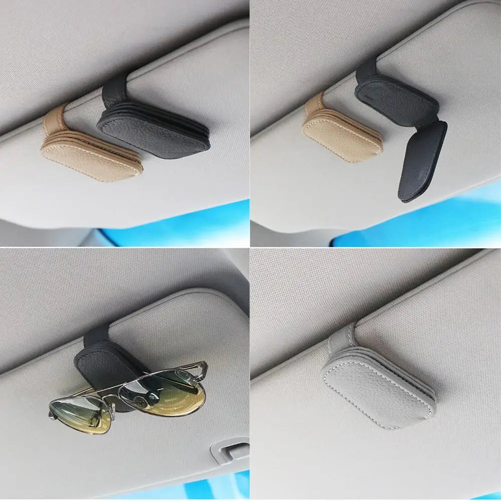 Leather Car Sun Visor Sunglasses Clip | Genuine Cowhide, Contrast Stitching, Universal Fit | Beige, Red, Gray, Black | RUNGEAR