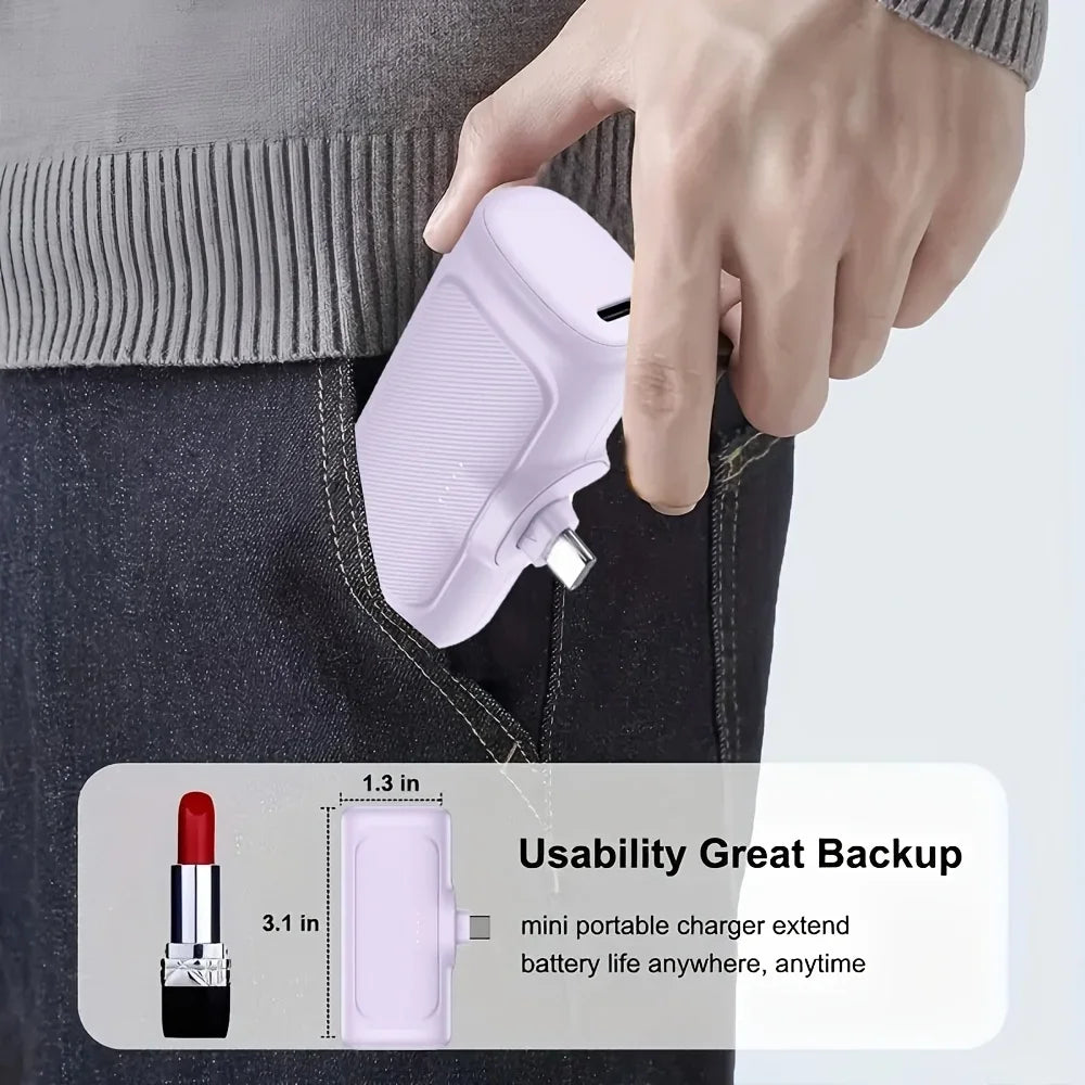 5,000mAh Mini Power Bank with Built-in USB-C Connector – 22.5W Fast Charge, No Cable Needed | Universal Compatibility | Purple