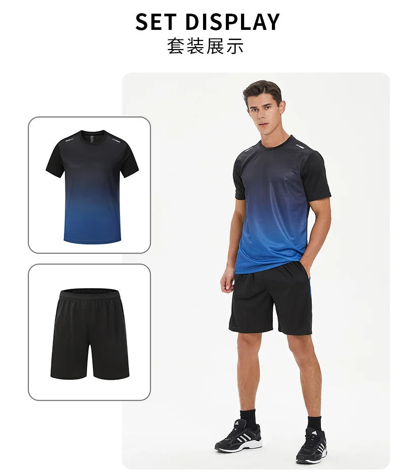Men Active Quick Dry Crew Neck T Shirts and Shorts Set Athletic Workout Short Sleeve Clothes Basketball Running Gym Sports Suit