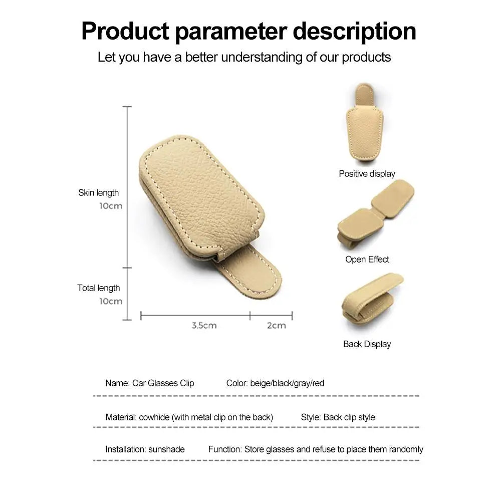 Leather Car Sun Visor Sunglasses Clip | Genuine Cowhide, Contrast Stitching, Universal Fit | Beige, Red, Gray, Black | RUNGEAR