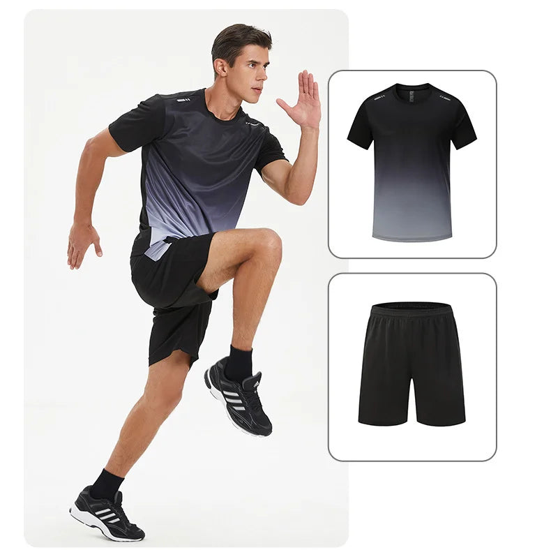 Men Active Quick Dry Crew Neck T Shirts and Shorts Set Athletic Workout Short Sleeve Clothes Basketball Running Gym Sports Suit