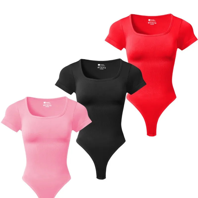 Women Casual Apparel: Plus Size, Seamless, Square Neck, High Elastic, Solid Ribbed Jumpsuit Top / Rungear