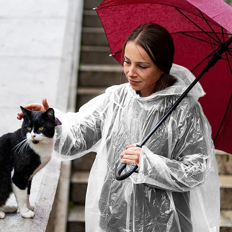Disposable Transparent Rain Poncho — 6-Pack | Waterproof Emergency Raincoat for Adults
