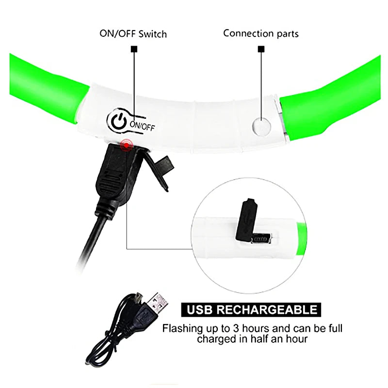 Pet Safety Gear: USB, Adjustable LED Rechargeable Safety Collar For Large Small Dogs / Rungear