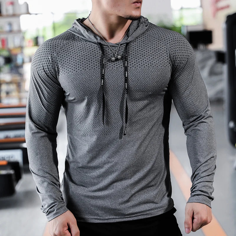 Men's Hooded Sport Fitness T-shirts Running Shirts Long Sleeve Sportwear
