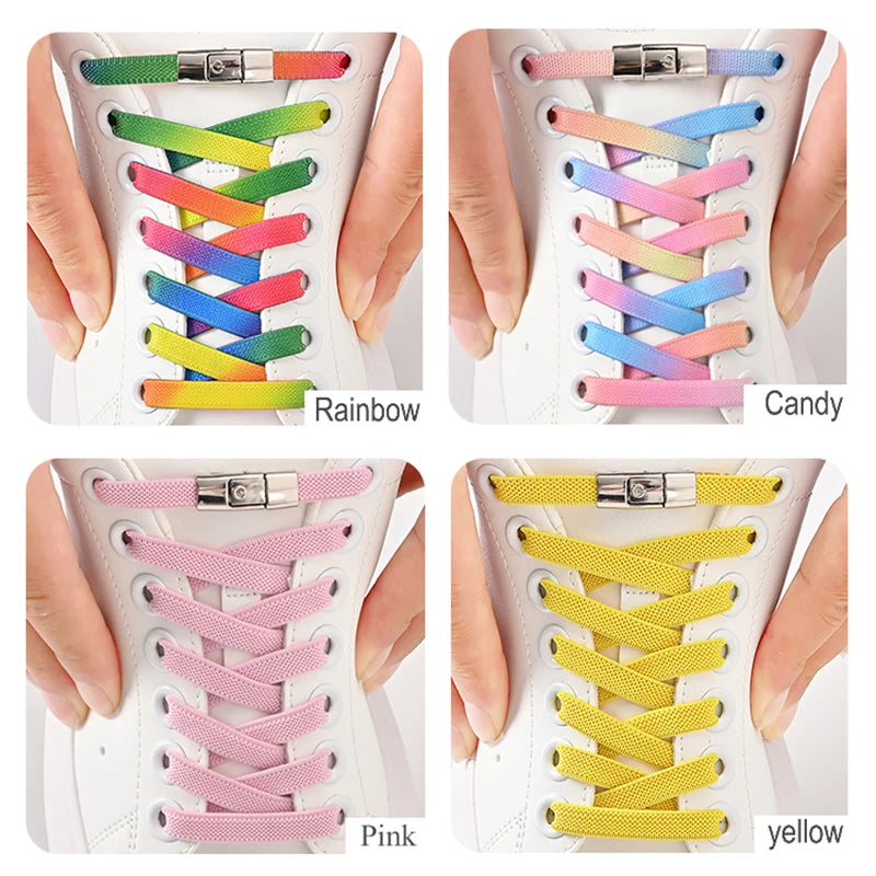 8mm Wide No-Tie Elastic Shoelaces with Press-Lock Buckle | Flat Laces for Sneakers