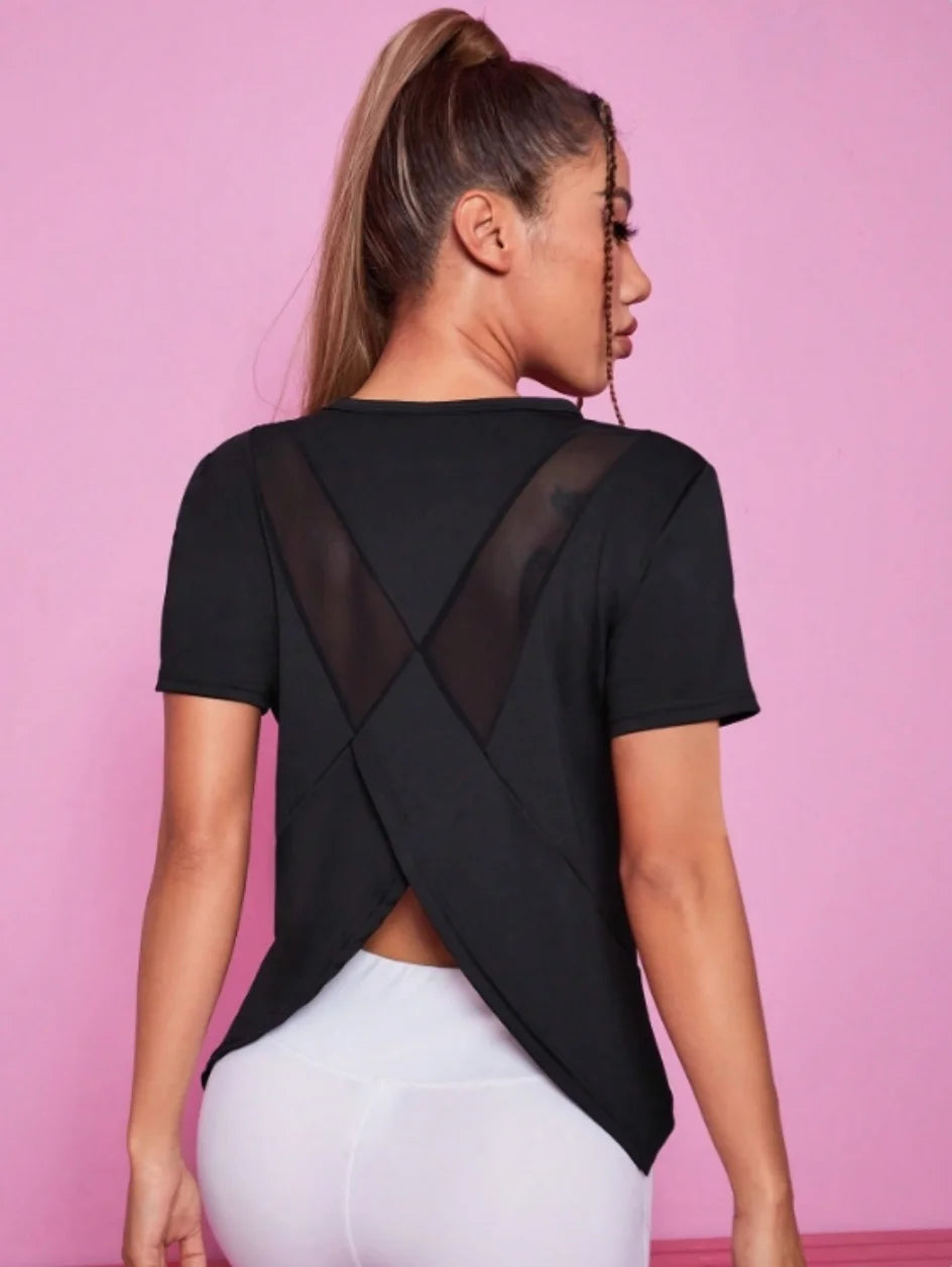 Women's Cross-Back Open Split Training Top | Loose Breathable Short Sleeve Gym Tee | RUNGEAR