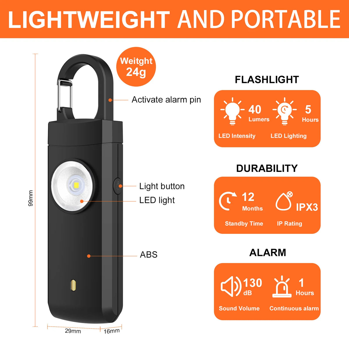130dB Personal Safety Alarm | Rechargeable with LED Light & Carabiner | RUNGEAR