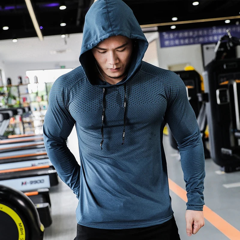Men's Hooded Sport Fitness T-shirts Running Shirts Long Sleeve Sportwear