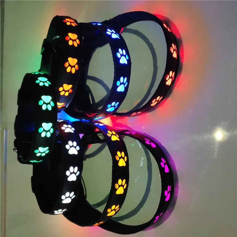 Reflective LED Paw Print Dog Collar | Breakaway Safety Nylon Collar for Night Walking