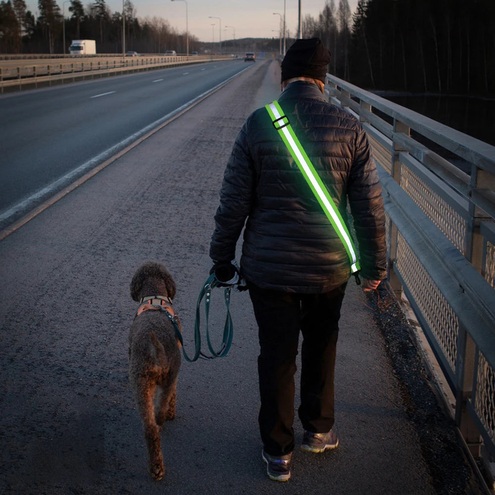 USB Rechargeable LED Reflective Running Strap – High Visibility Crossbody Safety Light
