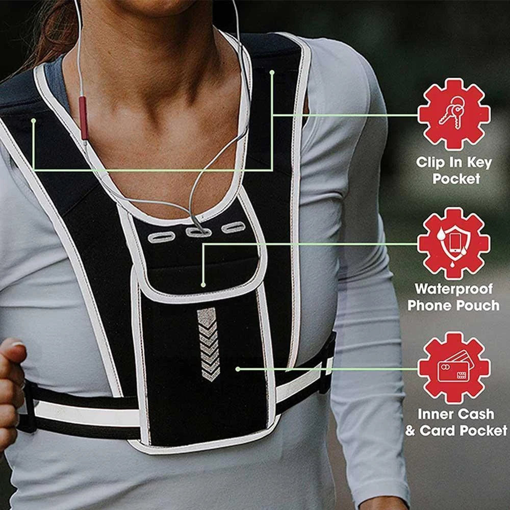 Reflective Night Running Vest with Phone Holder & Water Bottle Holder – Lightweight Safety Vest for Running, Hiking & Training | RUNGEAR