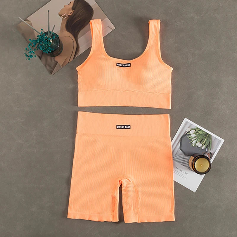 Women's Seamless Ribbed Sports Bra & Bike Shorts Set | Gym Yoga Activewear | RUNGEAR