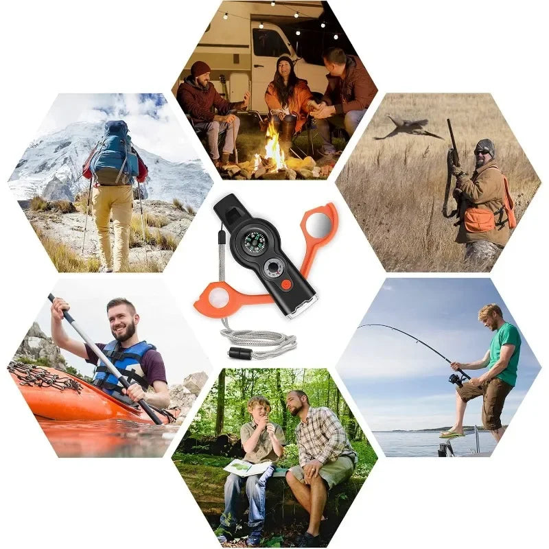 7-in-1 Emergency Survival Whistle – Compass, LED Flashlight, Thermometer & Signal Mirror | Hiking & Camping | Gray & Black