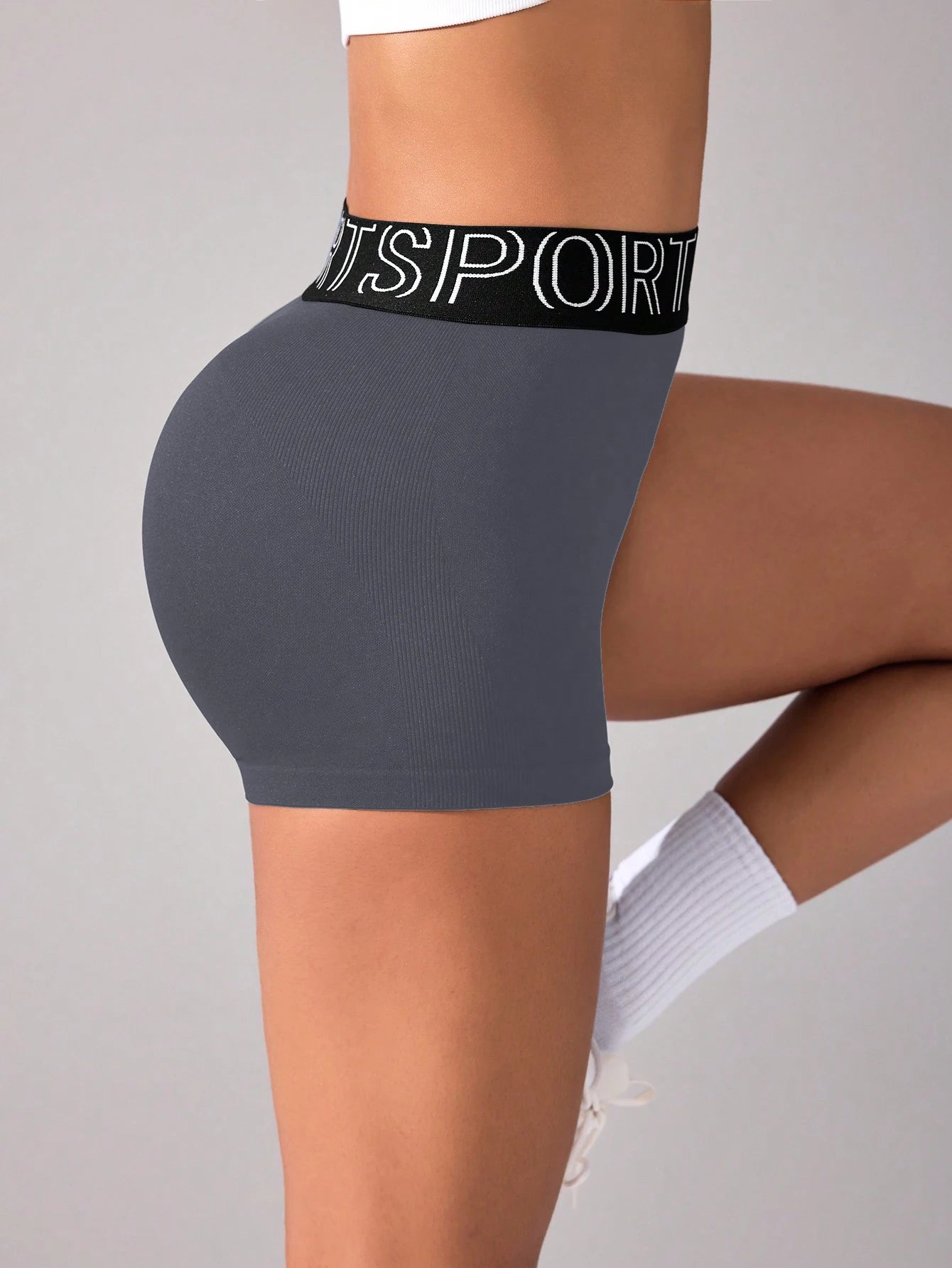 Women's High-Waist Gym Shorts | Seamless 'SPORTS' Lettered Waistband Fitness Shorts