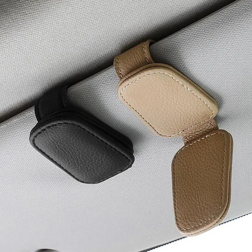 Leather Car Sun Visor Sunglasses Clip | Genuine Cowhide, Contrast Stitching, Universal Fit | Beige, Red, Gray, Black | RUNGEAR