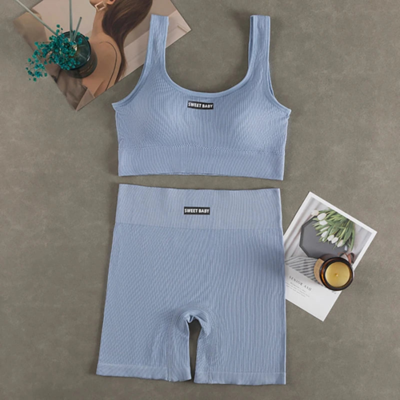 Women's Seamless Ribbed Sports Bra & Bike Shorts Set | Gym Yoga Activewear | RUNGEAR