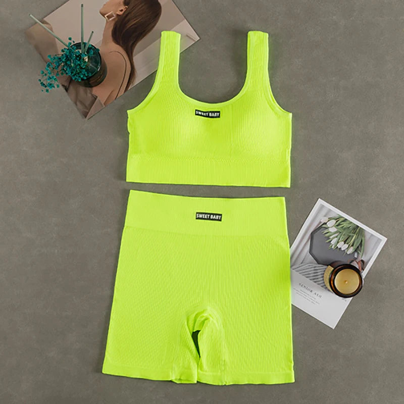 Women's Seamless Ribbed Sports Bra & Bike Shorts Set | Gym Yoga Activewear | RUNGEAR
