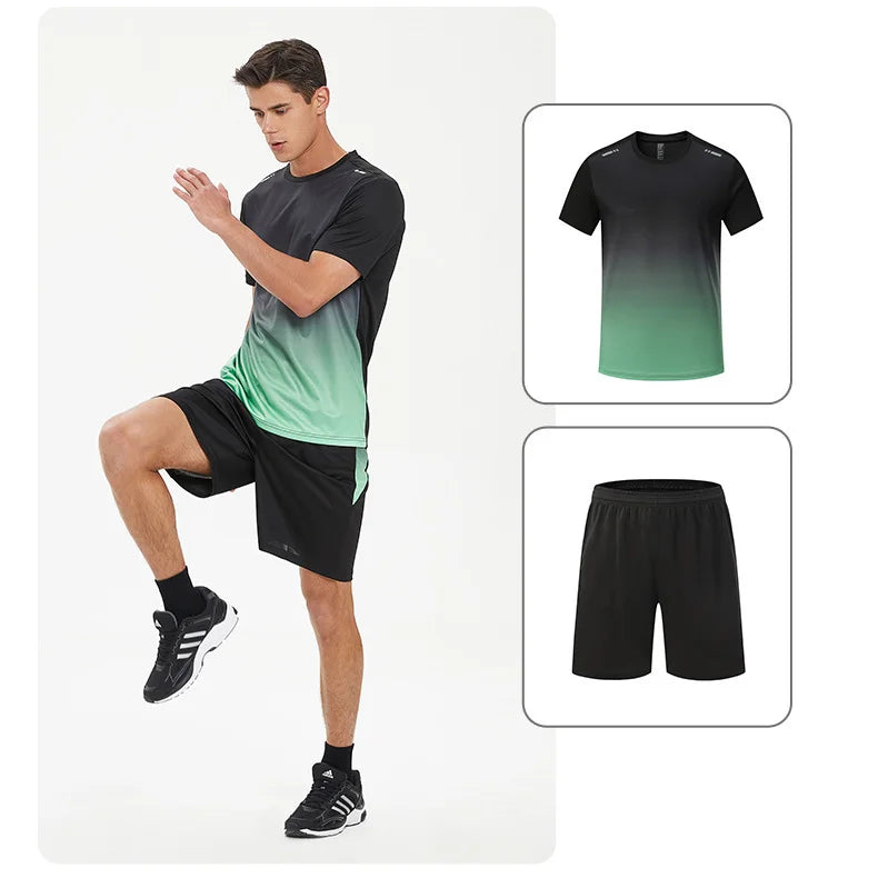 Men Active Quick Dry Crew Neck T Shirts and Shorts Set Athletic Workout Short Sleeve Clothes Basketball Running Gym Sports Suit