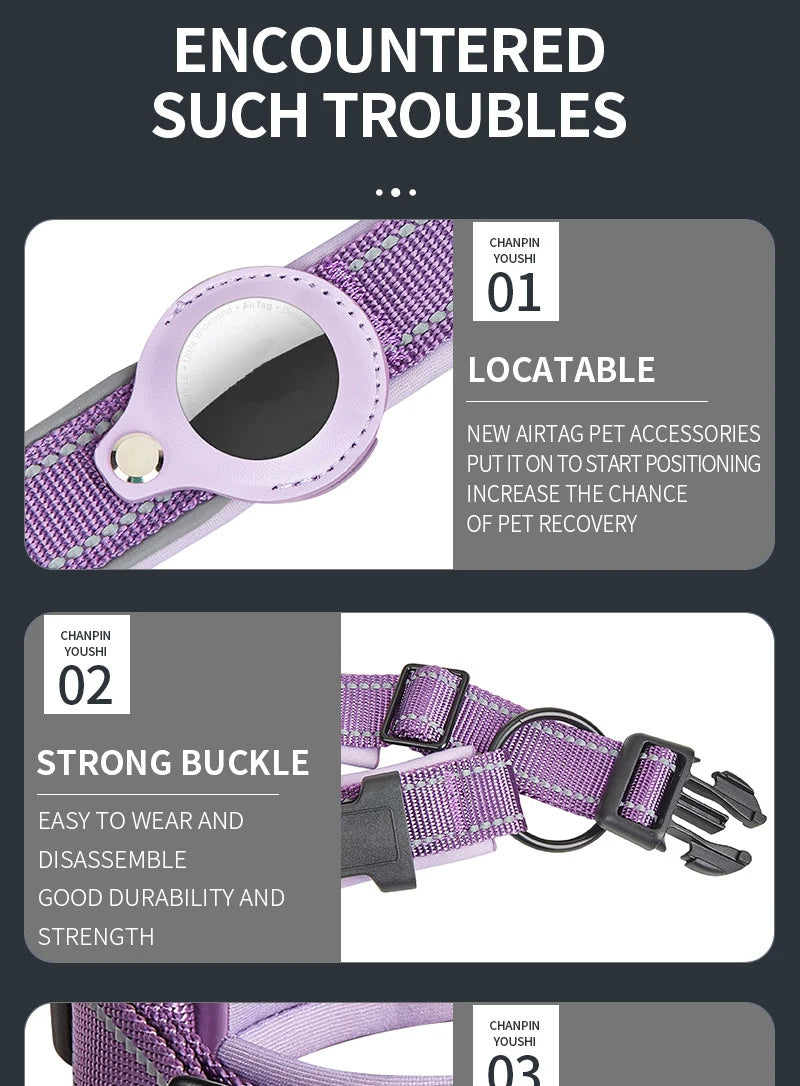 Reflective Heavy Duty Dog Collar with Adjustable AirTag Holder For Small To Medium Dogs