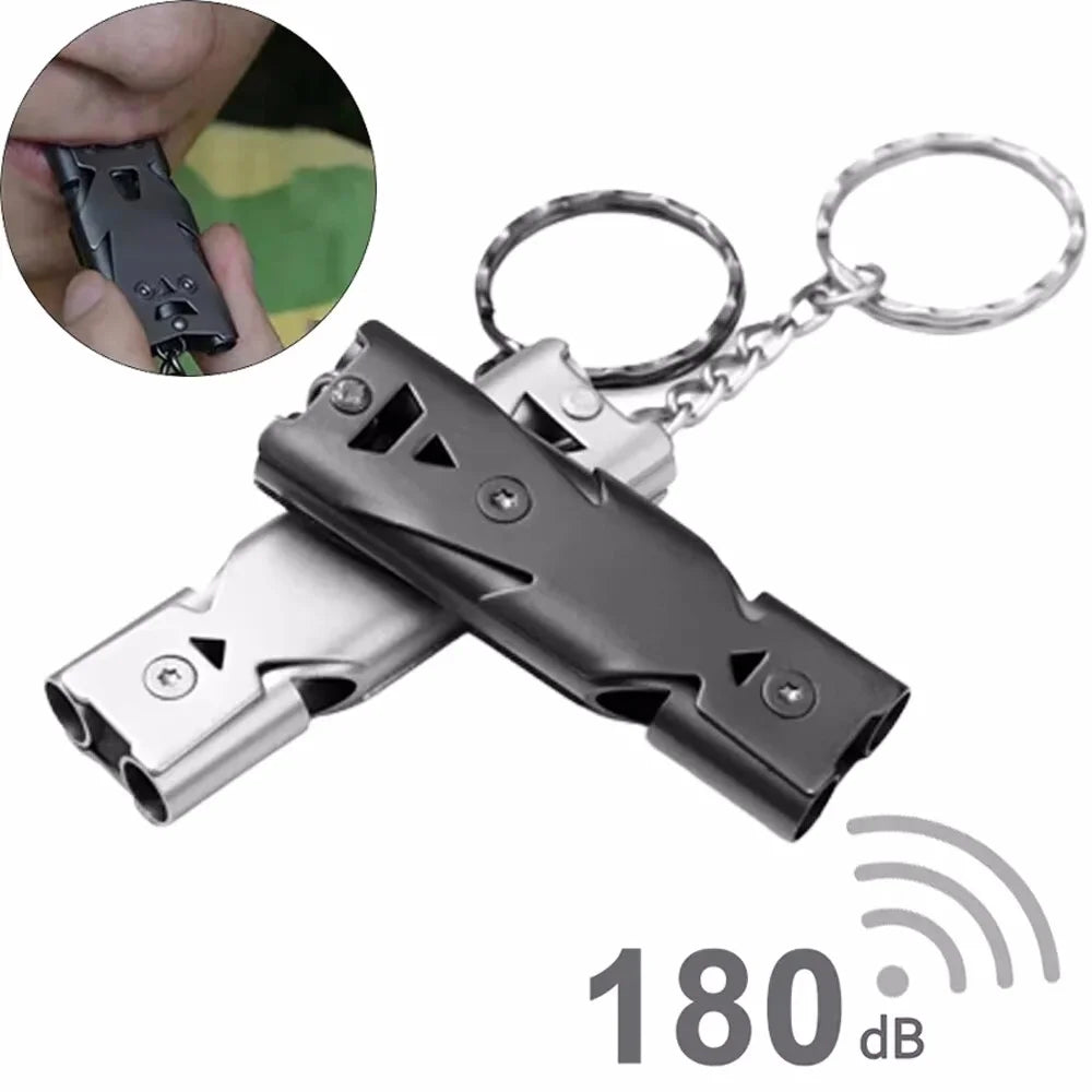 High Decibel Portable Outdoors Stainless Steel Double Pipe Emergency Survival Whistle Keychain
