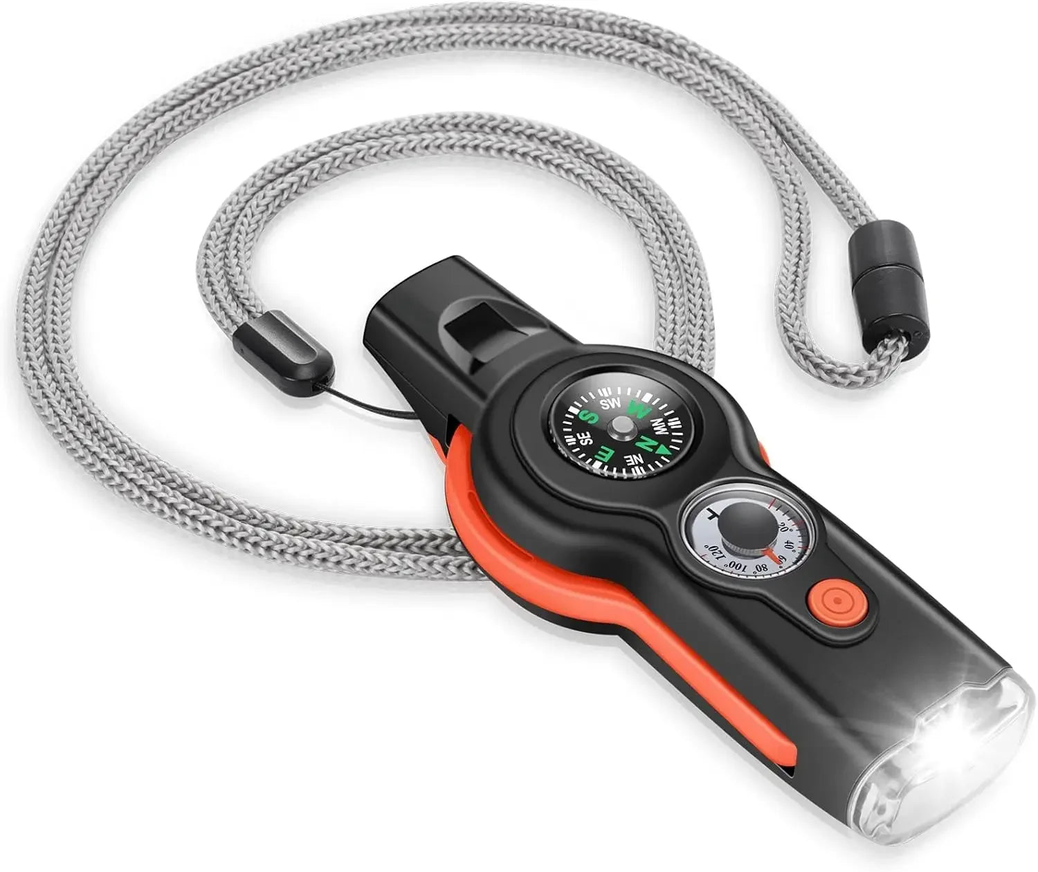 7-in-1 Emergency Survival Whistle – Compass, LED Flashlight, Thermometer & Signal Mirror | Hiking & Camping | Gray & Black
