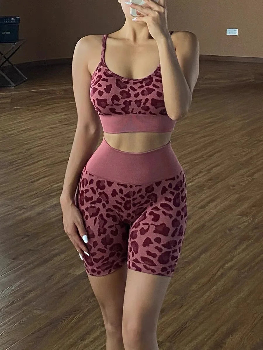 Women's Compression Apparel: 2PC Leopard, Seamless, Activewear Tracksuit Workout Clothes / Rungear