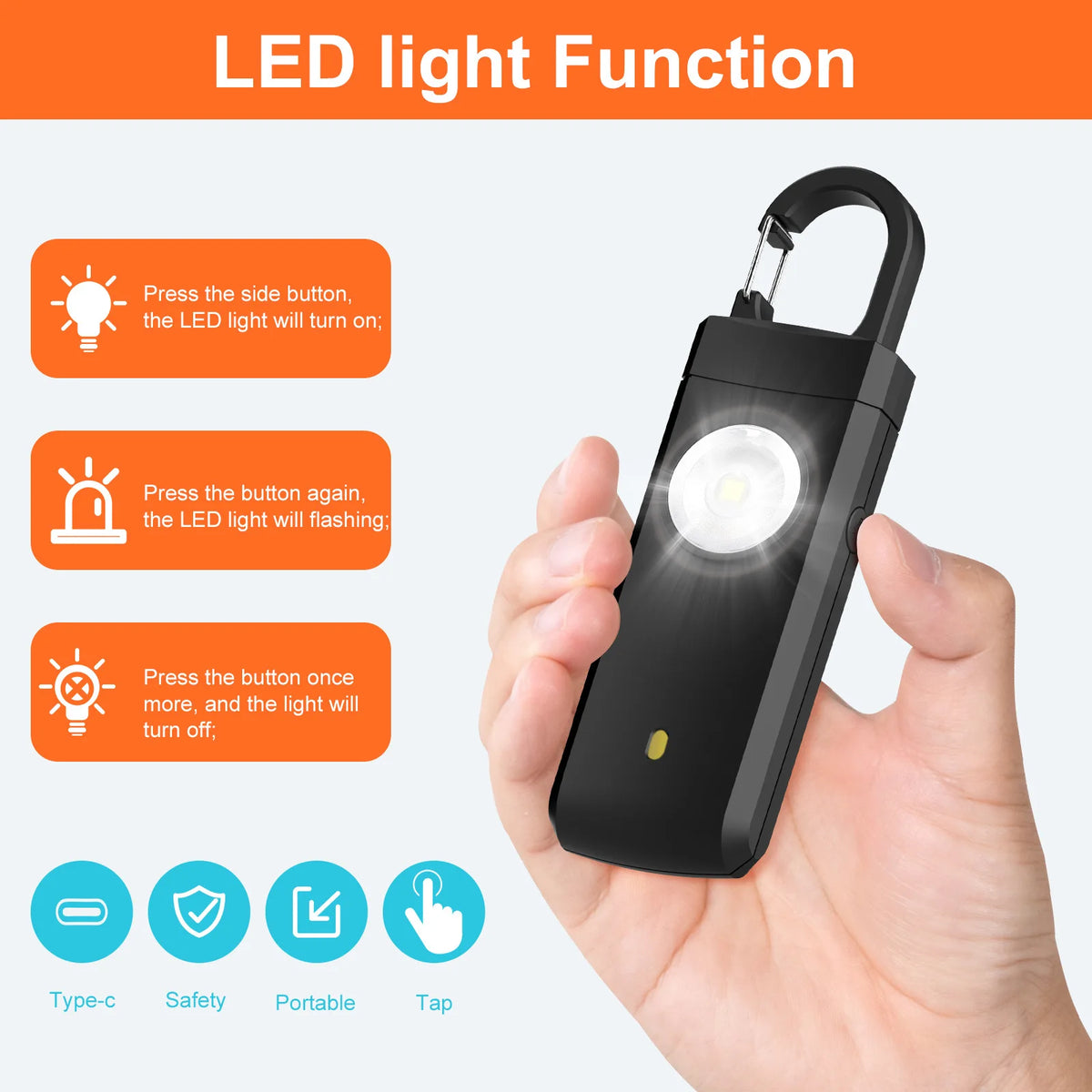 130dB Personal Safety Alarm | Rechargeable with LED Light & Carabiner | RUNGEAR