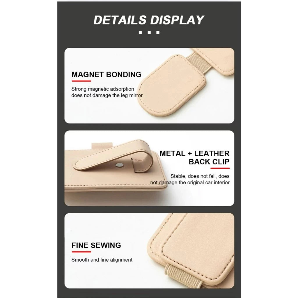 PU Leather Car Sun Visor Organiser – Sunglasses Holder, Card & Ticket Slots, Clip-On | Car Accessories | Beige, Red, Black & Brown