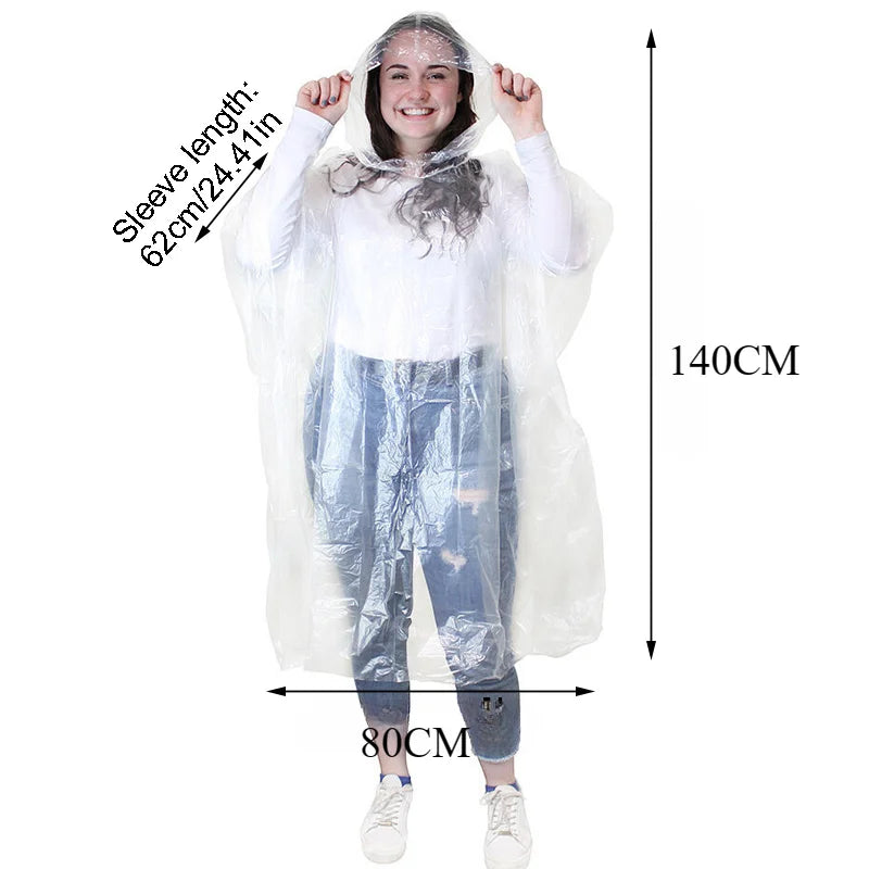 Disposable Transparent Rain Poncho — 6-Pack | Waterproof Emergency Raincoat for Adults