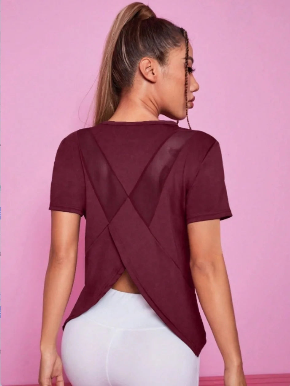 Women's Cross-Back Open Split Training Top | Loose Breathable Short Sleeve Gym Tee | RUNGEAR