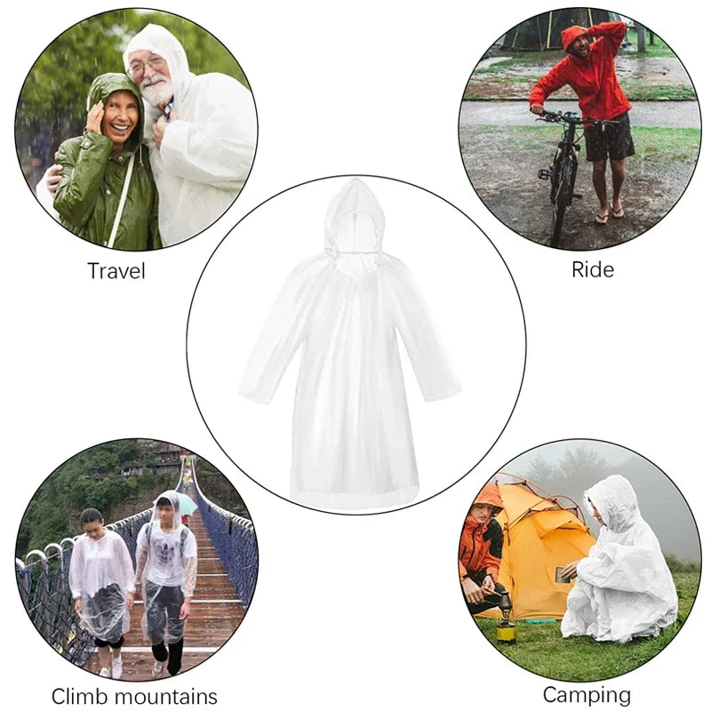 Disposable Transparent Rain Poncho — 6-Pack | Waterproof Emergency Raincoat for Adults