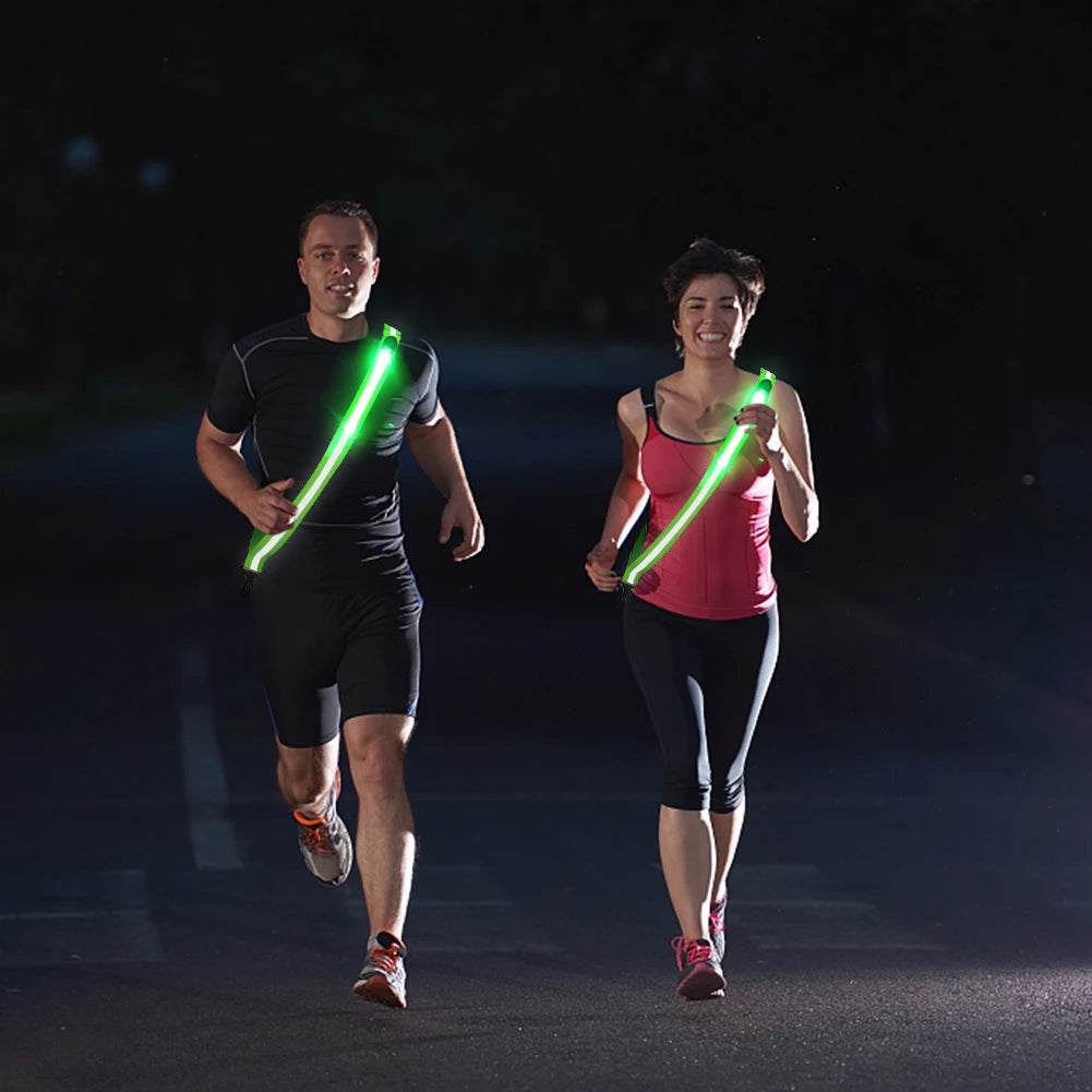 USB Rechargeable LED Reflective Running Strap – High Visibility Crossbody Safety Light